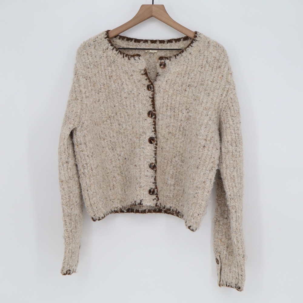 Hem & Thread Cardigan Women's L Beige Blanket Stitch Button Up Excellent